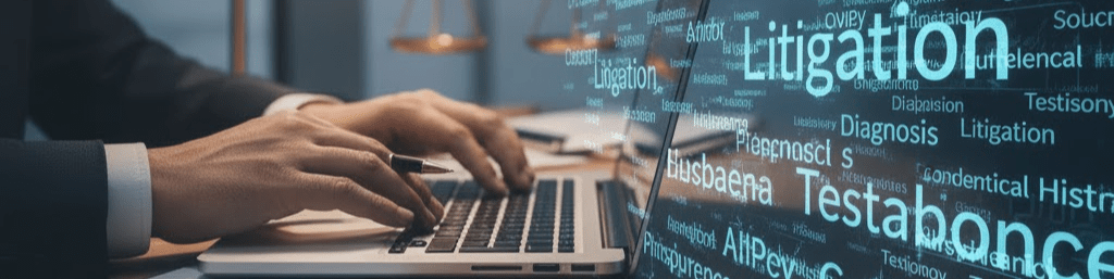 A person in a suit types on a laptop, with legal scales visible in the background. On the right side of the image, various medical and legal terms like 'Litigation,' 'Patient Confidentiality,' 'Diagnosis,' and 'HIPAA Compliance' float digitally